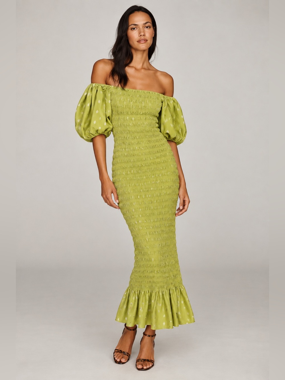 NWT Never Fully Dressed Fleck Print Smocked Puff Sleeve Maxi Dress Olive Sz XS